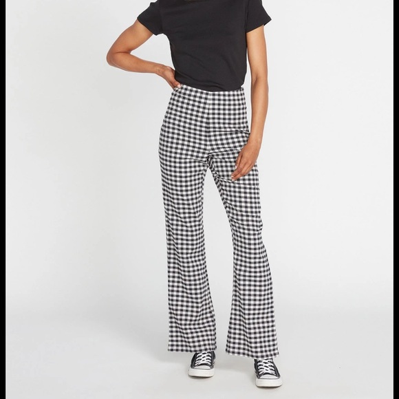 Volcom Black and White Gingham Flare Pants, side zip - Picture 1 of 7